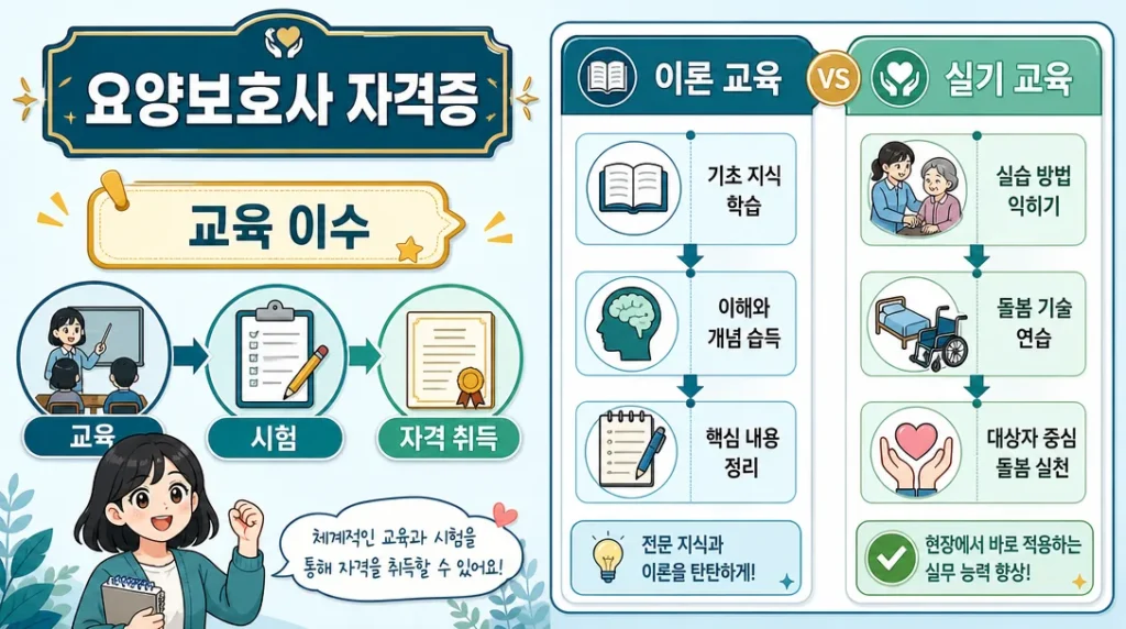 요양보호사 자격증 교육 이수부터 시험 합격까지 단계별 흐름 인포그래픽