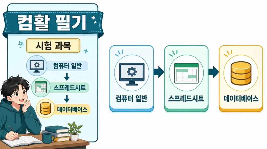 컴활 1급 필기 시험 과목 구성과 공부 순서를 보여주는 인포그래픽