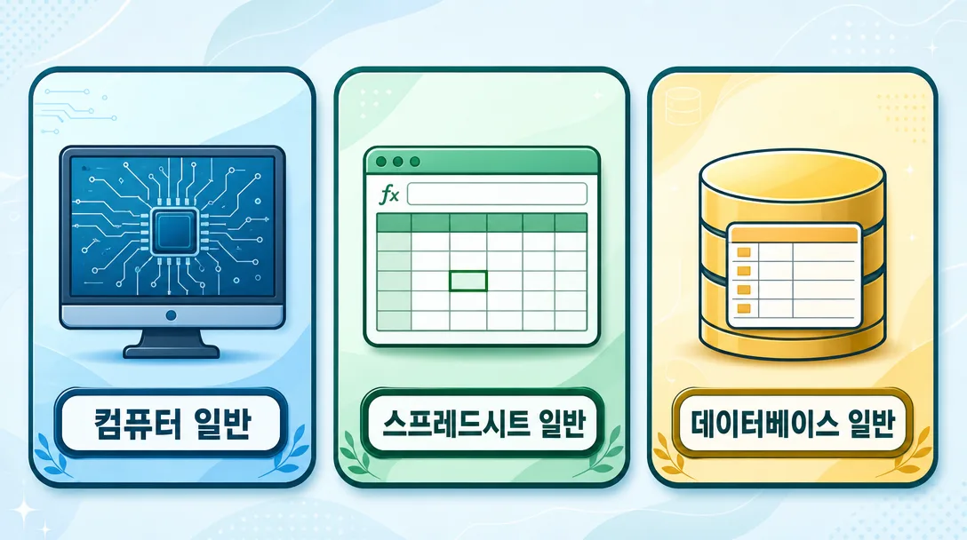 컴퓨터활용능력 1급 시험의 세 과목(컴퓨터 일반, 스프레드시트 일반, 데이터베이스 일반)을 아이콘 카드로 나란히 보여 주는 과목 구성 인포그래픽.