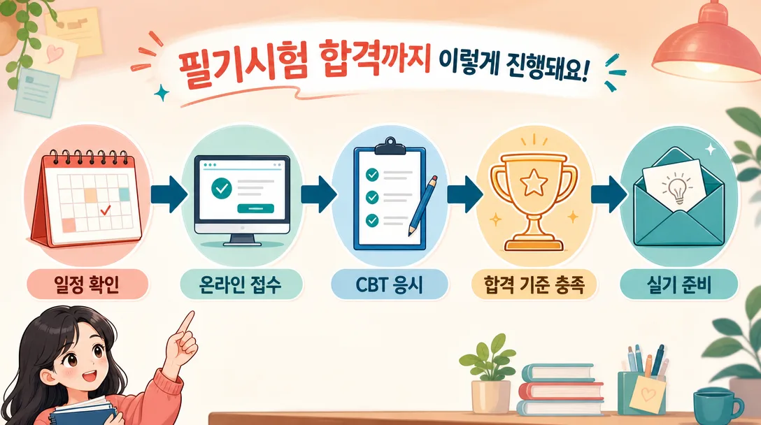 원서 접수부터 합격 확인까지의 단계를 화살표 플로우로 정리한 시험 절차 인포그래픽