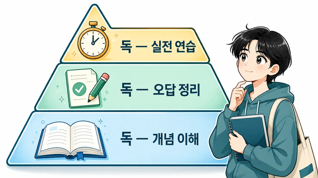 컴활 1급 필기 기출문제 3회독 전략을 피라미드 구조로 시각화한 학습 전략 인포그래픽.