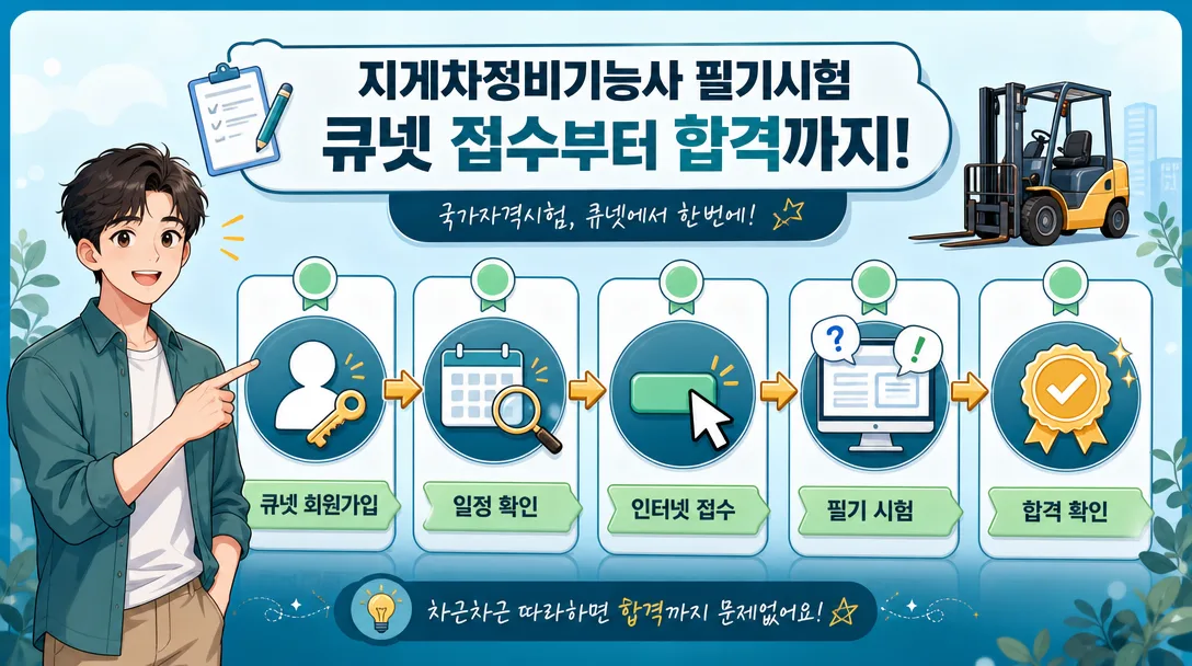 큐넷 회원 가입부터 시험 응시까지 접수 절차를 5단계 아이콘으로 정리한 흐름도
