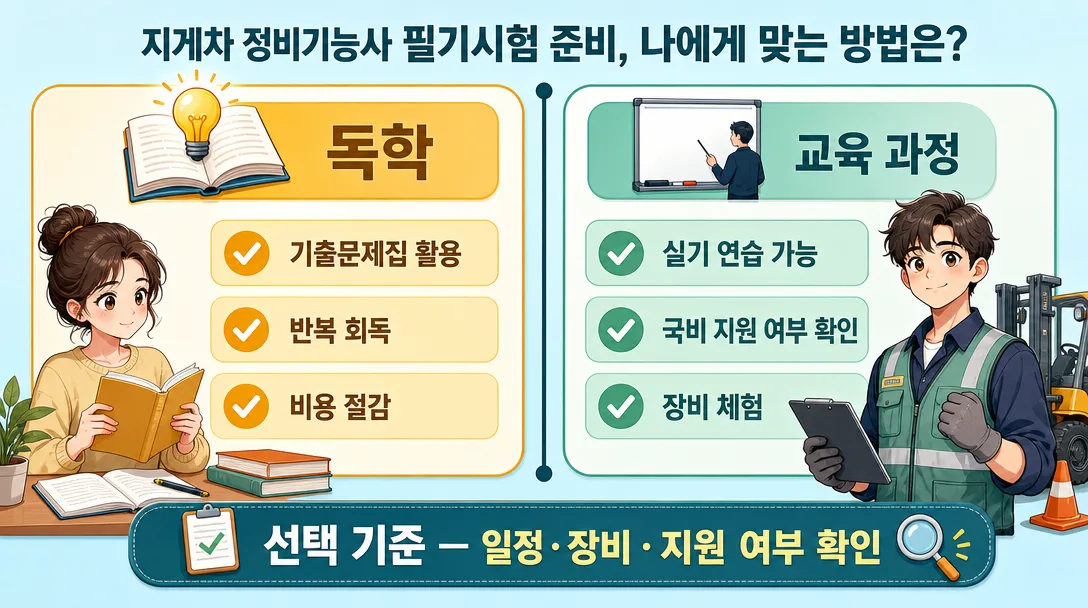 독학과 교육 과정의 선택 기준을 두 열로 비교한 일러스트 인포그래픽