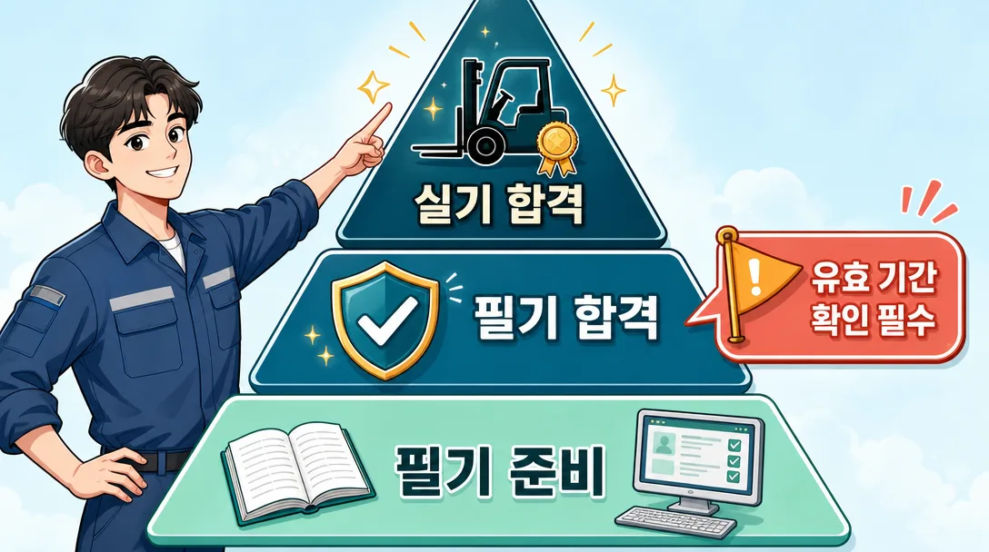 지게차 기능사 필기 합격 후 실기까지 이어지는 준비 흐름 — 필기 합격 유효 기간 주의사항 포함 피라미드 인포그래픽