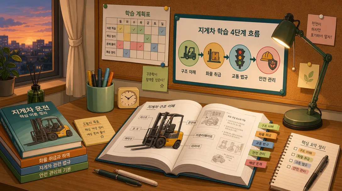 지게차 기능사 필기 공부 순서 4단계 — 구조 이해부터 안전 관리까지 단계별 학습 흐름