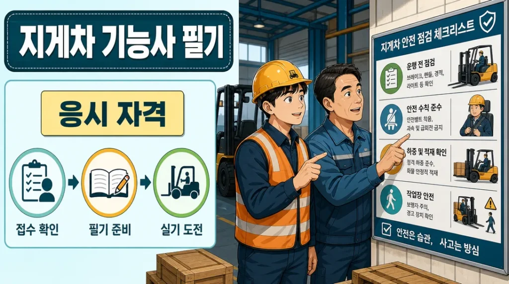 지게차 기능사 필기 시험 과목과 합격 기준 안내 인포그래픽 — 산업 현장에서 안전 체크리스트를 함께 확인하는 수험생