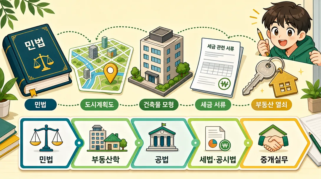 공인중개사 시험 과목 5단계 공부 순서를 아이콘으로 표현한 일러스트
