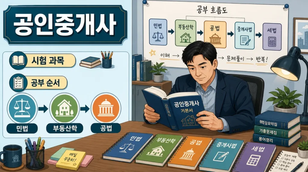 공인중개사 시험 과목 구성과 공부 순서를 정리한 인포그래픽 일러스트