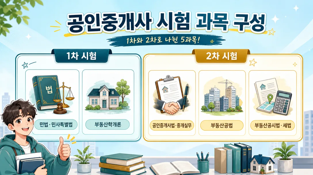 공인중개사 1차·2차 시험 과목 구성을 한눈에 보여주는 5칸 카드 인포그래픽