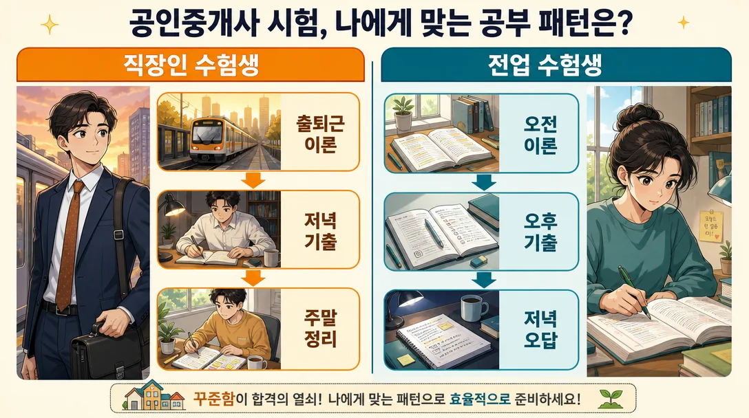 직장인과 전업 수험생의 하루 학습 패턴을 두 열로 비교한 인포그래픽